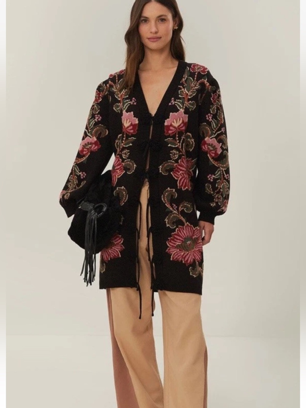 NWT FARM RIO RAVENALA KNIT SWEATER MIDI CARDIGAN BLACK MEDIUM M FLORAL $270